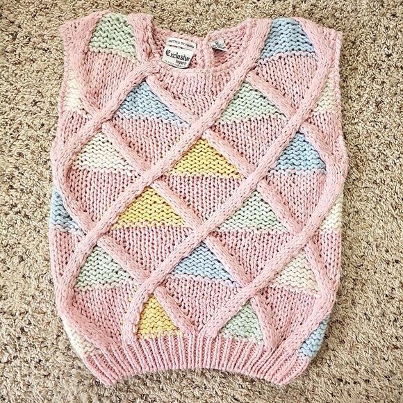 Vintage Pink Chunky Knit Sweater Vest 3D Knit Argyle 80s Pastel Fairy Kei Preppy - Picture 2 of 16